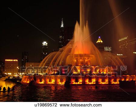 Chicago, IL, Illinois, Windy City, Downtown, Grant Park, Buckingham Memorial Fountain, illuminated, evening View Large Photo Image Stock Image - Chicago, IL, Illinois, Windy City, Downtown, Grant Park, Buckingham Memorial Fountain, illuminated, evening. Fotosearch