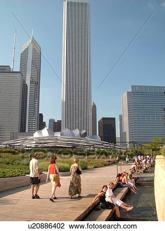 Stock Image -  Chicago, IL, Illinois, Windy City, Downtown, skyline, Millennium Park, canal, water. Fotosearch