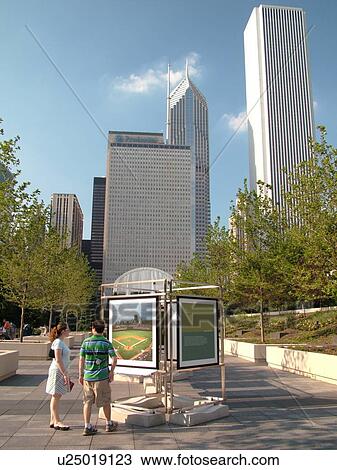 Stock Image -  Chicago, IL, Illinois, Windy City, Downtown, skyline, Millennium Park, Boeing Gallery, photography exhibit. Fotosearch