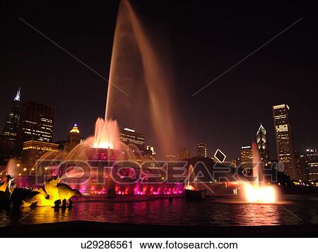 Chicago, IL, Illinois, Windy City, Downtown, Grant Park, Buckingham Memorial Fountain, illuminated, evening View Large Photo Image Stock Image - Chicago, IL, Illinois, Windy City, Downtown, Grant Park, Buckingham Memorial Fountain, illuminated, evening. Fotosearch