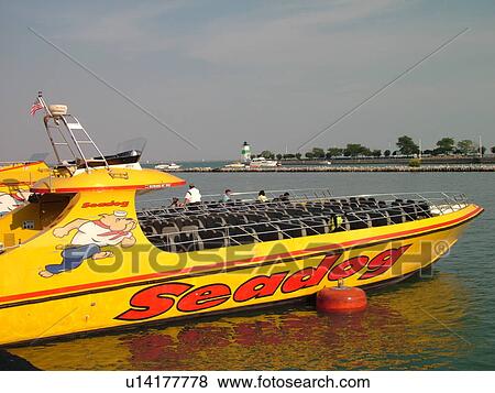 Stock Photo -  Chicago, IL, Illinois, Windy City, Navy Pier, Sightseeing Tour Boat at Navy Pier Park, Seadog. Fotosearch