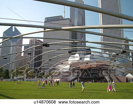 Chicago, IL, Illinois, Windy City, Downtown, skyline, Millennium Park, Jay Pritzker Pavilion, designed by Frank Gehry, Great Lawn View Large Photo Image Stock Photo - Chicago, IL, Illinois, Windy City, Downtown, skyline, Millennium Park, Jay Pritzker Pavilion, designed by Frank Gehry, Great Lawn. Fotosearch
