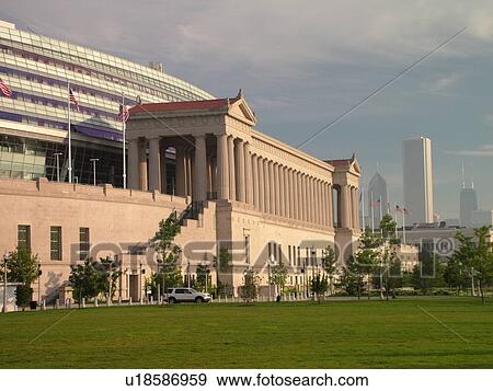 Stock Photo -  Chicago, IL, Illinois, Windy City, downtown skyline, Burnham Park, Soldier Field, NFL, Football, Chicago Bears. Fotosearch
