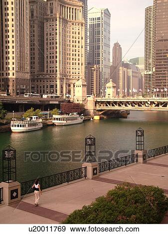 Chicago, IL, Illinois, Windy City, Downtown, skyline, Michigan Avenue Bridge, sightseeing tour boats, Chicago River View Large Photo Image Stock Photo - Chicago, IL, Illinois, Windy City, Downtown, skyline, Michigan Avenue Bridge, sightseeing tour boats, Chicago River. Fotosearch