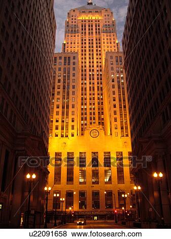 Stock Photo -  Chicago, IL, Illinois, Windy City, Downtown, Chicago Board of Trade, Art-Deco building, evening. Fotosearch