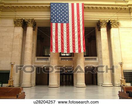 Chicago, IL, Illinois, Windy City, Downtown, Union Station, interior, American Flag View Large Photo Image Stock Photo - Chicago, IL, Illinois, Windy City, Downtown, Union Station, interior, American Flag. Fotosearch