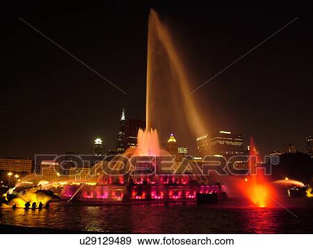 Chicago, IL, Illinois, Windy City, Downtown, Grant Park, Buckingham Memorial Fountain, illuminated, evening View Large Photo Image Stock Photo - Chicago, IL, Illinois, Windy City, Downtown, Grant Park, Buckingham Memorial Fountain, illuminated, evening. Fotosearch