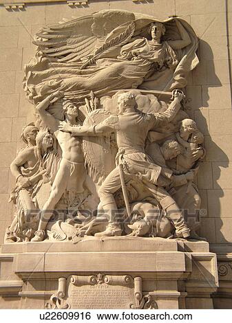 Stock Photograph -  Chicago, IL, Illinois, Windy City, Downtown, Michigan Avenue Bridge, sculpture, relief. Fotosearch