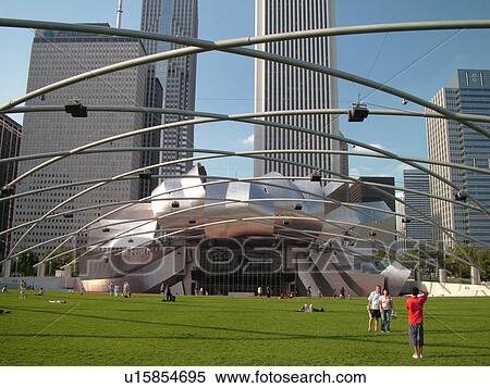 Chicago, IL, Illinois, Windy City, Downtown, skyline, Millennium Park, Jay Pritzker Pavilion, designed by Frank Gehry, Great Lawn View Large Photo Image Stock Photography - Chicago, IL, Illinois, Windy City, Downtown, skyline, Millennium Park, Jay Pritzker Pavilion, designed by Frank Gehry, Great Lawn. Fotosearch