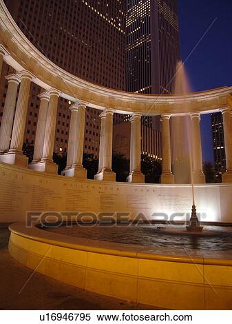 Chicago, IL, Illinois, Windy City, Downtown, skyline, Millennium Park, Wrigley Square, Millennium Monument, semi-circular row of peristyle columns, evening, reflecting pool and fountain View Large Photo Image Stock Photography - Chicago, IL, Illinois, Windy City, Downtown, skyline, Millennium Park, Wrigley Square, Millennium Monument, semi-circular row of peristyle columns, evening, reflecting pool and fountain. Fotosearch