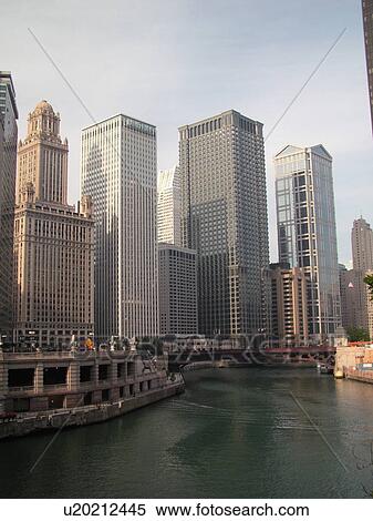 Stock Photography -  Chicago, IL, Illinois, Windy City, Downtown, skyline, Chicago River. Fotosearch