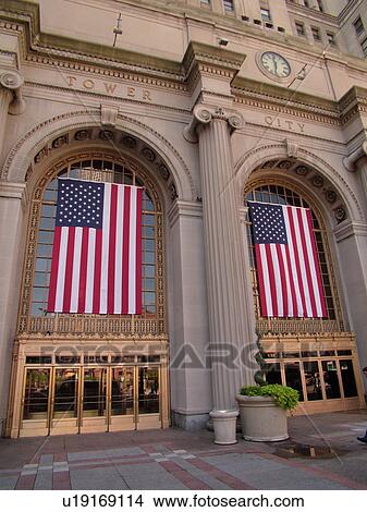Cleveland, OH, Ohio, Downtown, Union Station, Tower City Center, Ritz-Carlton Hotel, The Avenue, American Flags View Large Photo Image Picture - Cleveland, OH, Ohio, Downtown, Union Station, Tower City Center, Ritz-Carlton Hotel, The Avenue, American Flags . Fotosearch