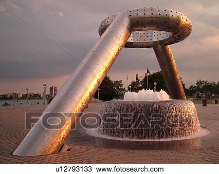 Stock Image -  Detroit, MI, Michigan, Downtown, Riverfront, fountain. Fotosearch