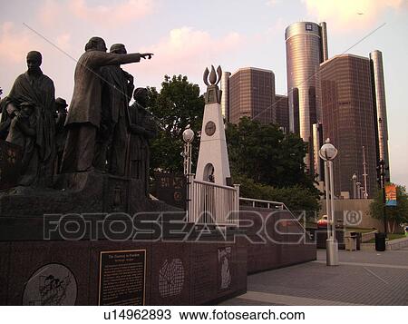 Detroit, MI, Michigan, Downtown, skyline, Riverfront, Detroit River, sculpture, Gateway to Freedom Statue, General Motors Headquarters, Renaissance Center View Large Photo Image Stock Image - Detroit, MI, Michigan, Downtown, skyline, Riverfront, Detroit River, sculpture, Gateway to Freedom Statue, General Motors Headquarters, Renaissance Center. Fotosearch