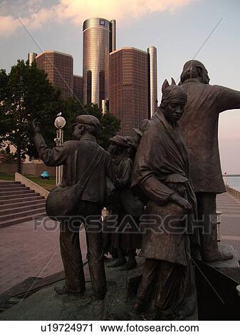 Detroit, MI, Michigan, Downtown, skyline, Riverfront, Detroit River, sculpture, Gateway to Freedom Statue, General Motors Headquarters, Renaissance Center View Large Photo Image Stock Image - Detroit, MI, Michigan, Downtown, skyline, Riverfront, Detroit River, sculpture, Gateway to Freedom Statue, General Motors Headquarters, Renaissance Center. Fotosearch