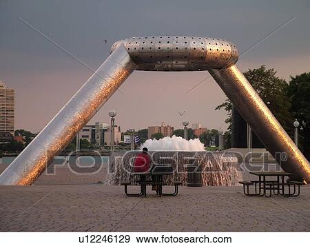 Stock Photo -  Detroit, MI, Michigan, Downtown, Riverfront, fountain. Fotosearch