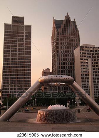 Stock Photography -  Detroit, MI, Michigan, Downtown, skyline, Riverfront, fountain. Fotosearch