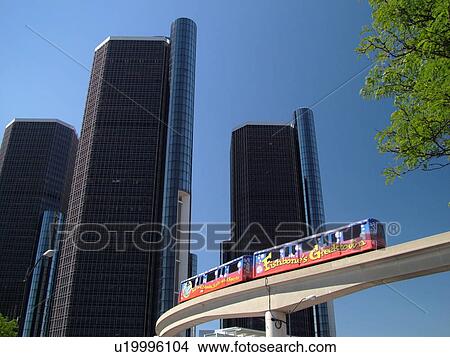 Detroit, MI, Michigan, Motor City, Downtown, skyline, Detroit Marriott, General Motors Headquarters, Renaissance Center, Detroit People Mover, aerial trolley, elevated light-rail system View Large Photo Image Picture - Detroit, MI, Michigan, Motor City, Downtown, skyline, Detroit Marriott, General Motors Headquarters, Renaissance Center, Detroit People Mover, aerial trolley, elevated light-rail system. Fotosearch