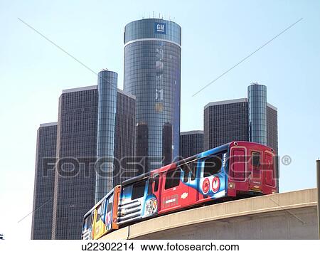 Picture -  Detroit, MI, Michigan, Motor City, Downtown, skyline, General Motors Headquarters, Renaissance Center, Detroit People Mover, aerial trolley, elevated light-rail system. Fotosearch