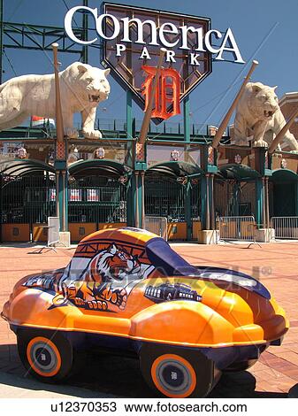 Stock Image -  Detroit, MI, Michigan, Motor City, Comerica Park, Stadium, Detroit Tigers, MLB, Baseball, CarTunes on Parade tiger car sculpture. Fotosearch