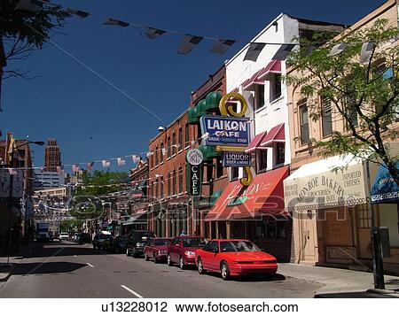 Detroit, MI, Michigan, Motor City, Downtown, Historic Greektown District, shops and restaurants along the main street View Large Photo Image Stock Image - Detroit, MI, Michigan, Motor City, Downtown, Historic Greektown District, shops and restaurants along the main street. Fotosearch