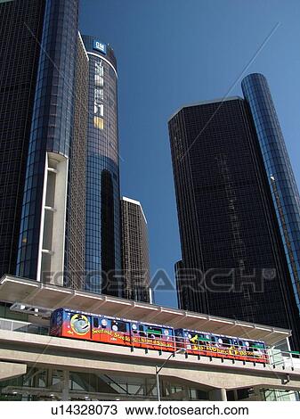Detroit, MI, Michigan, Motor City, Downtown, skyline, General Motors Headquarters, Renaissance Center, Detroit People Mover, aerial trolley, elevated light-rail system View Large Photo Image Stock Image - Detroit, MI, Michigan, Motor City, Downtown, skyline, General Motors Headquarters, Renaissance Center, Detroit People Mover, aerial trolley, elevated light-rail system. Fotosearch