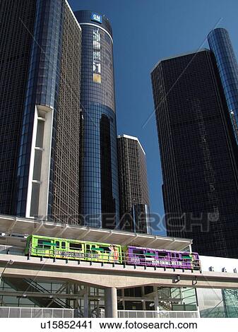 Stock Image -  Detroit, MI, Michigan, Motor City, Downtown, skyline, General Motors Headquarters, Renaissance Center, Detroit People Mover, aerial trolley, elevated light-rail system. Fotosearch