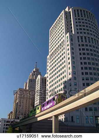 Stock Image -  Detroit, MI, Michigan, Motor City, Downtown, skyline, Detroit People Mover, aerial trolley, elevated light-rail system. Fotosearch