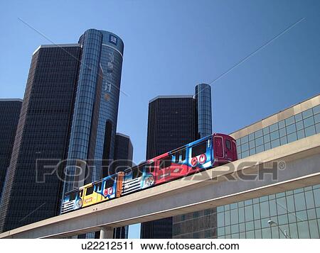 Detroit, MI, Michigan, Motor City, Downtown, skyline, Detroit Marriott, General Motors Headquarters, Renaissance Center, Detroit People Mover, aerial trolley, elevated light-rail system View Large Photo Image Stock Image - Detroit, MI, Michigan, Motor City, Downtown, skyline, Detroit Marriott, General Motors Headquarters, Renaissance Center, Detroit People Mover, aerial trolley, elevated light-rail system. Fotosearch