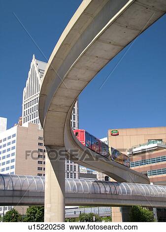 Stock Photo -  Detroit, MI, Michigan, Motor City, Downtown, skyline, Detroit People Mover, aerial trolley, elevated light-rail system. Fotosearch