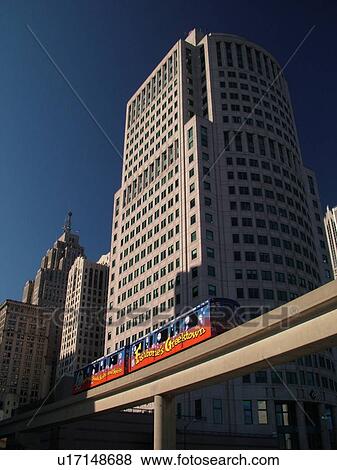 Stock Photo -  Detroit, MI, Michigan, Motor City, Downtown, skyline, Detroit People Mover, aerial trolley, elevated light-rail system. Fotosearch