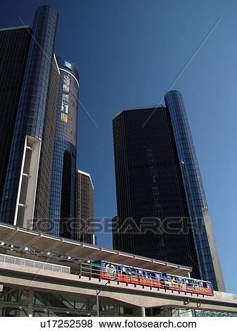 Stock Photo -  Detroit, MI, Michigan, Motor City, Downtown, skyline, General Motors Headquarters, Renaissance Center, Detroit People Mover, aerial trolley, elevated light-rail system. Fotosearch