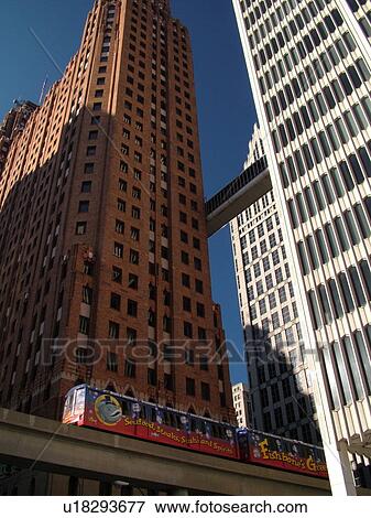Stock Photo -  Detroit, MI, Michigan, Motor City, Downtown, skyline, Detroit People Mover, aerial trolley, elevated light-rail system. Fotosearch