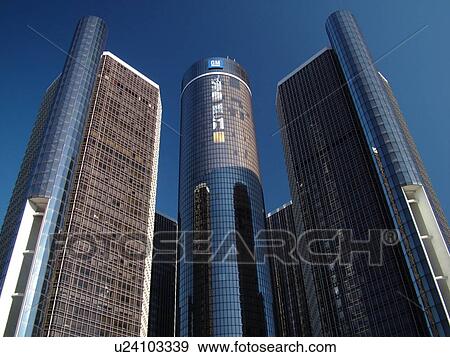 Stock Photo -  Detroit, MI, Michigan, Motor City, Downtown, skyline, General Motors Headquarters, Renaissance Center. Fotosearch