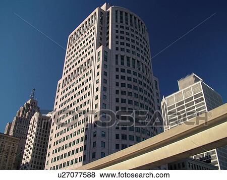 Stock Photo -  Detroit, MI, Michigan, Motor City, Downtown, skyline, Detroit People Mover, aerial trolley, elevated light-rail system. Fotosearch