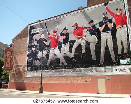 Stock Photo -  Detroit, MI, Michigan, Motor City, Little Gem & Century Theatres, NIKE Pro for athletes wall mural, baseball players. Fotosearch