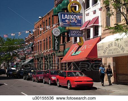 Stock Photograph -  Detroit, MI, Michigan, Motor City, Downtown, Historic Greektown District, shops and restaurants along the main street. Fotosearch