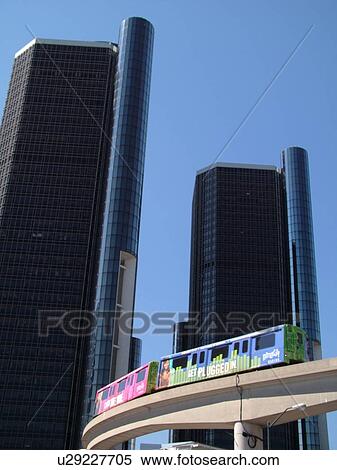 Stock Photography -  Detroit, MI, Michigan, Motor City, Downtown, skyline, Detroit Marriott, General Motors Headquarters, Renaissance Center, Detroit People Mover, aerial trolley, elevated light-rail system. Fotosearch