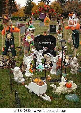 Picture -  East Wareham, MA, Massachusetts, Plymouth County, Cemetery, gravesite, fall decorations. Fotosearch