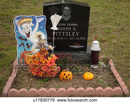 Stock Photo -  East Wareham, MA, Massachusetts, Plymouth County, Cemetery, gravesite, fall decorations. Fotosearch