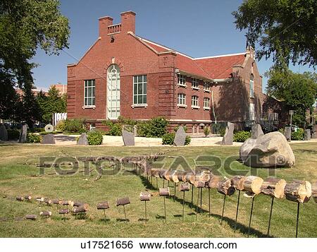 Stock Photograph -  Grand Forks, ND, North Dakota, University of North Dakota, campus, Museum of Art, sculpture of log stumps. Fotosearch