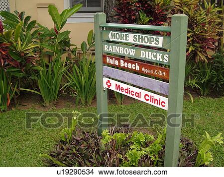 Picture -  Hanalei, Princeville, Kauai, HI, Hawaii, North shore, signs for shops. Fotosearch