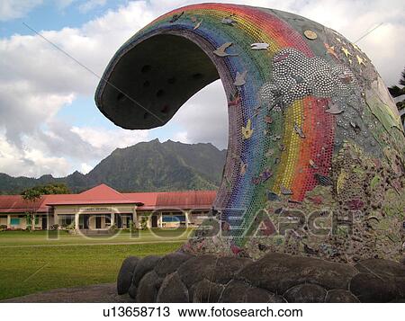 Stock Image -  Hanalei, Princeville, Kauai, HI, Hawaii, North shore, Hanalei School, Wave sculpture. Fotosearch