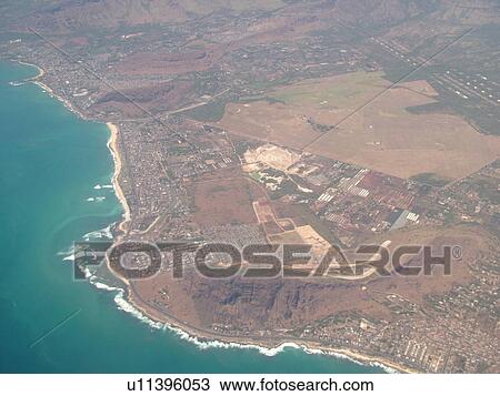 Stock Image -  HI, Hawaii, Pacific Ocean, Aloha Airlines, Inter-Island flight, aerial of Western Oahu. Fotosearch