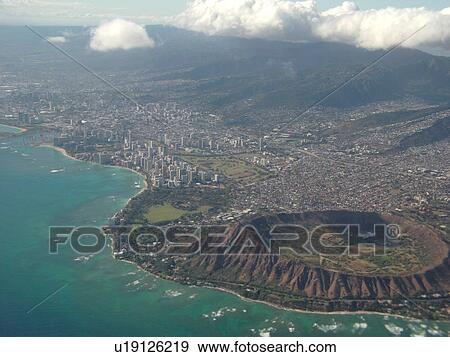 Honolulu, Diamond Head, Oahu, HI, Hawaii, aerial, Diamond Head View Large Photo Image Stock Photo - Honolulu, Diamond Head, Oahu, HI, Hawaii, aerial, Diamond Head. Fotosearch