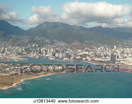 Stock Image -  Honolulu, Oahu, HI, Hawaii, aerial. Fotosearch