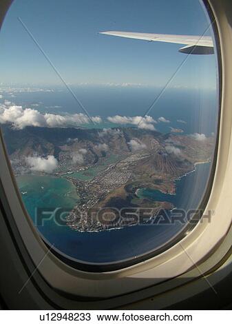 Stock Image -  Honolulu, Oahu, HI, Hawaii, aerial, eastern Oahu, view from plane's window. Fotosearch