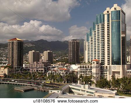 Stock Photograph -  Honolulu, Oahu, HI, Hawaii, Downtown, skyline, high-rise buildings, aerial. Fotosearch