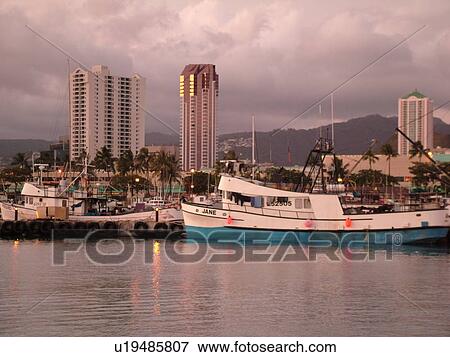Honolulu, Oahu, HI, Hawaii, Kewalo Basin, downtown skyline, marina View Large Photo Image Stock Photo - Honolulu, Oahu, HI, Hawaii, Kewalo Basin, downtown skyline, marina. Fotosearch