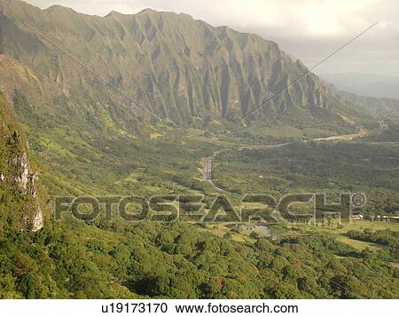 Stock Image -  Honolulu, Oahu, HI, Hawaii, Windward Coast, Pali Highway, Hwy 61, Nuuanu Pali Lookout, Highway H3. Fotosearch